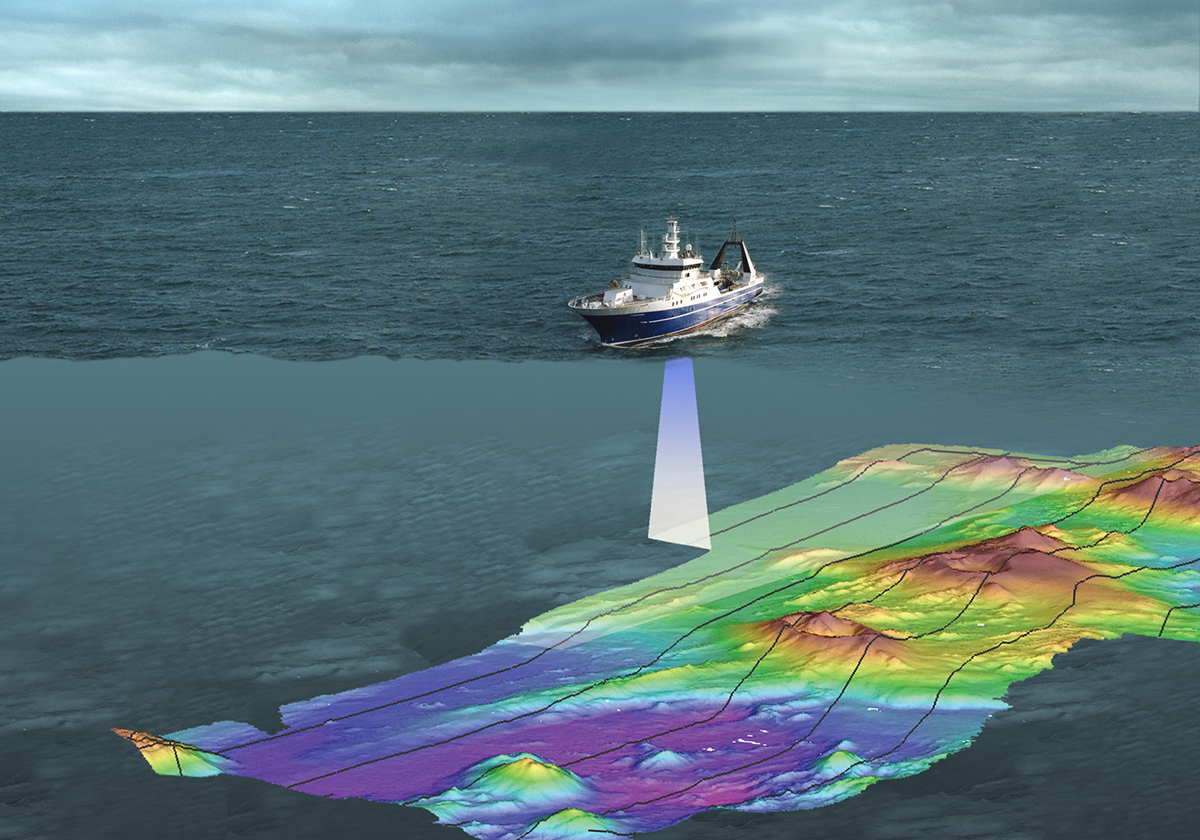 Composite image of a boat mapping the sea floor