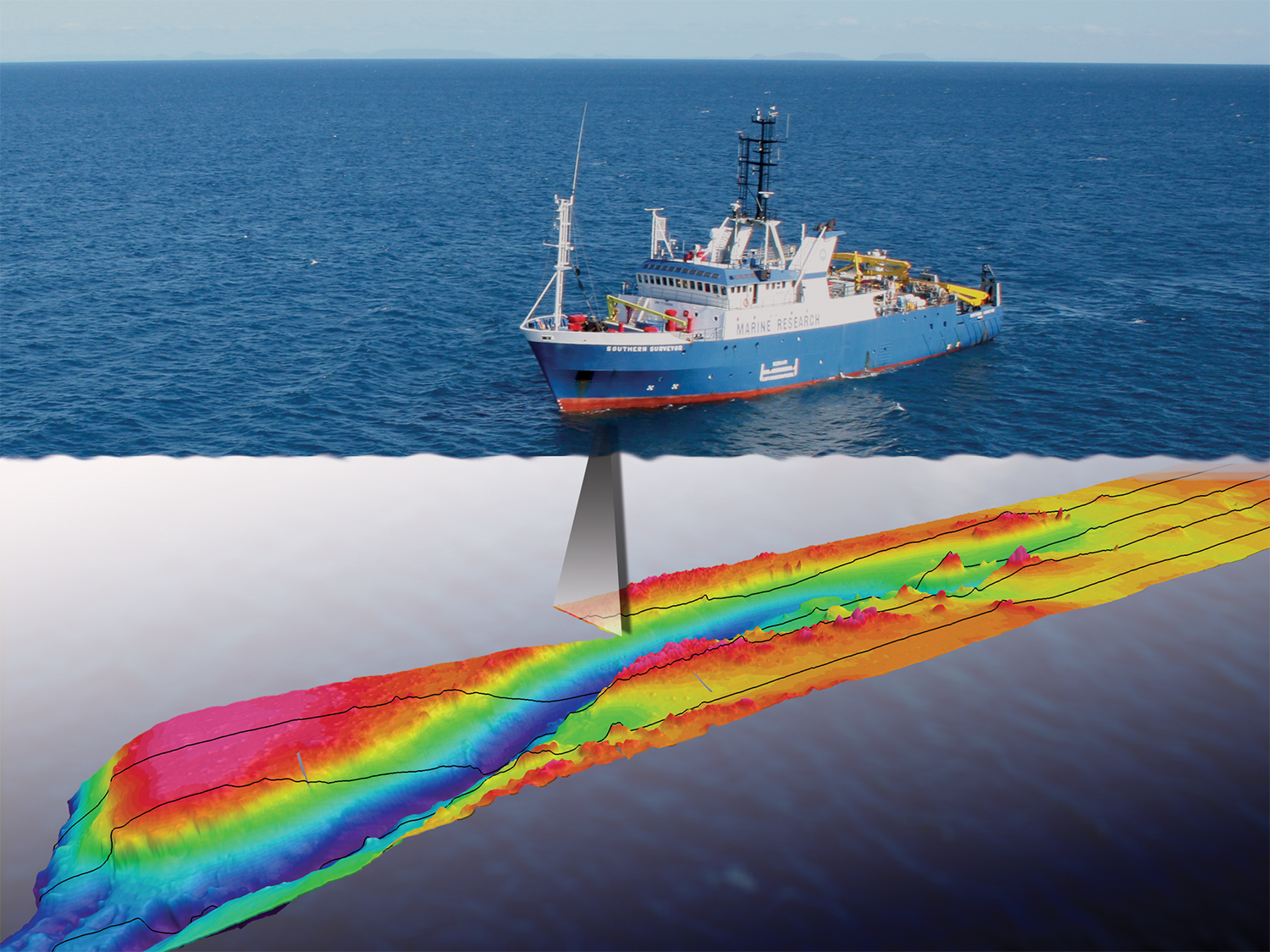 Composite image showing the 3D effect of swathe mapping an ancient river channel incised into the Great Barrier Reef shelf, Australia, using a vessel-mounted multibeam sonar system. Grid pixel resolution is 5 m. Total grid distance is about 8 km.